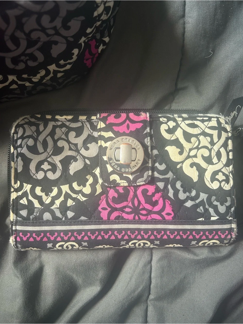 Vera Bradley Quilted Black and Pink Patterned Shoulder Bag and Wallet Set